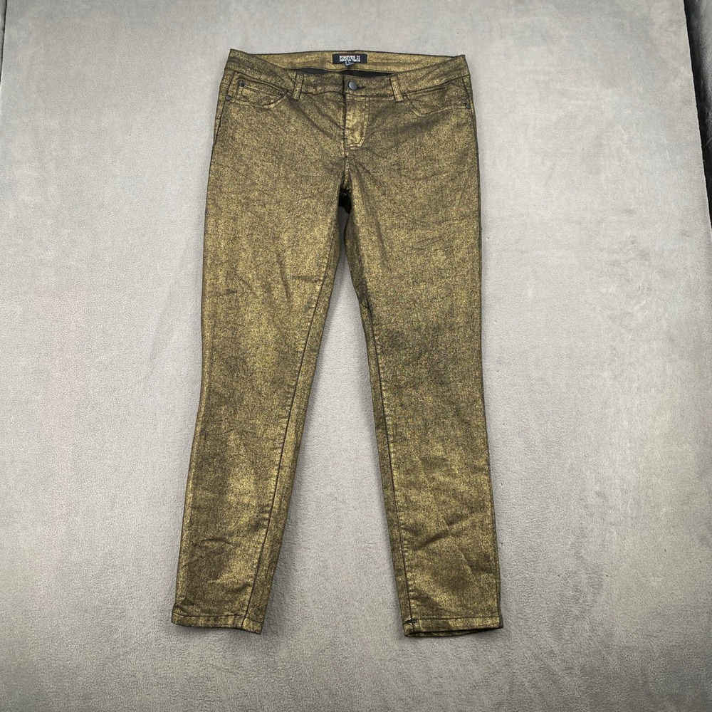 Forever 21 Premium Denim Gold Metallic Skinny Pants Womens Size 30 Black Sparkle